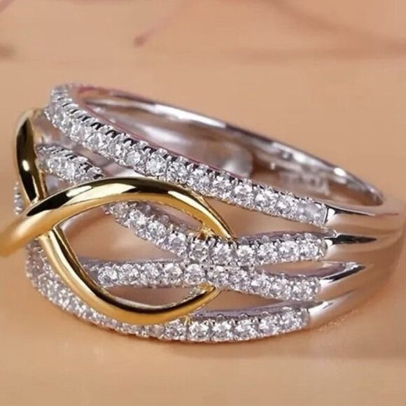 Genuine Diamond Ring Infinity Sterling Silver 18K Gold Crossover Wave size 5 - Picture 3 of 4